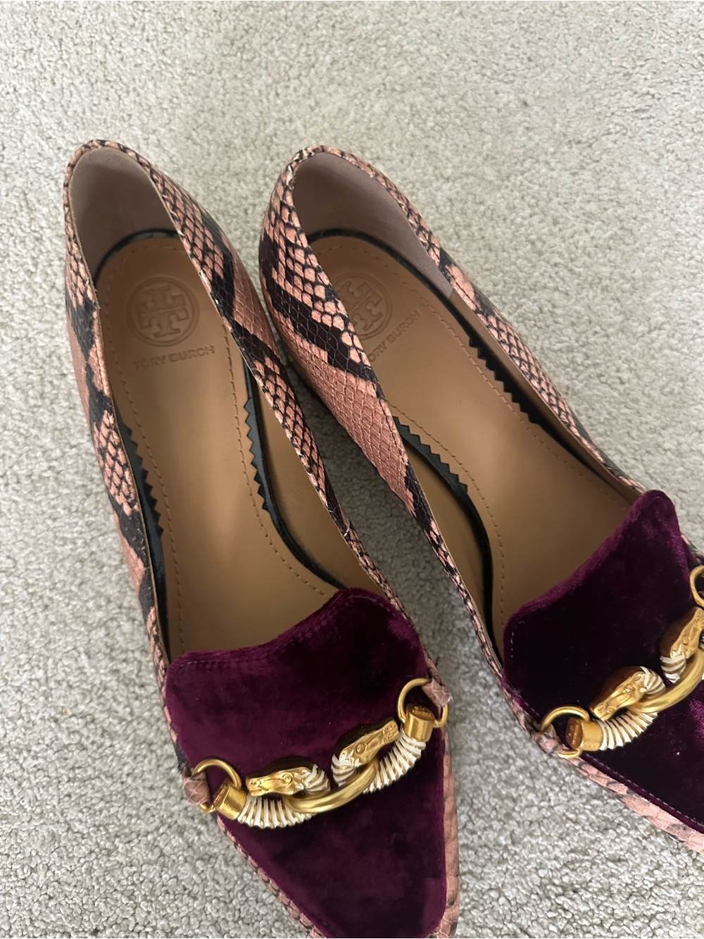Tory Burch Women's Velvet and Snake-Print Loafers in Burgundy and Pink - Picture 10 of 12